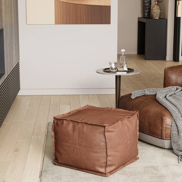 Pouf Ottoman Cognac Leather Like Paneled Top Contrast Stitching Round