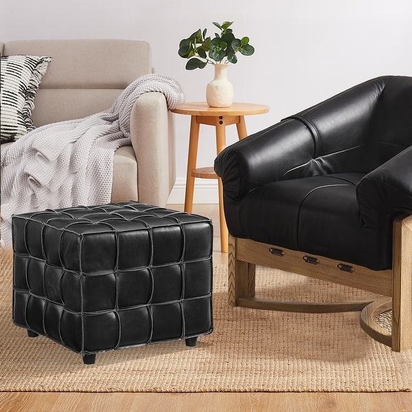 Pouf Ottoman Cognac Leather Piped Edges Side Zipper Detail Modern