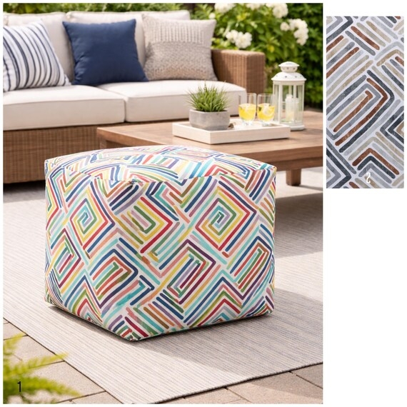 Pouf Ottoman Colorful Geometric Outdoor Pouf with Chevron Print