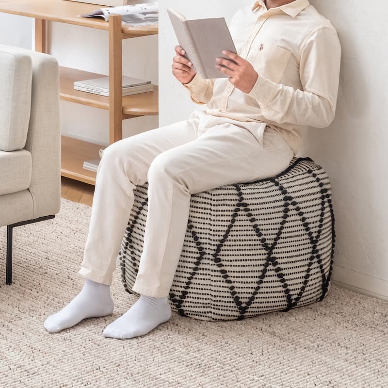 Pouf Ottoman Cream Chunky Braided Texture Round Bohemian Neutral Seating