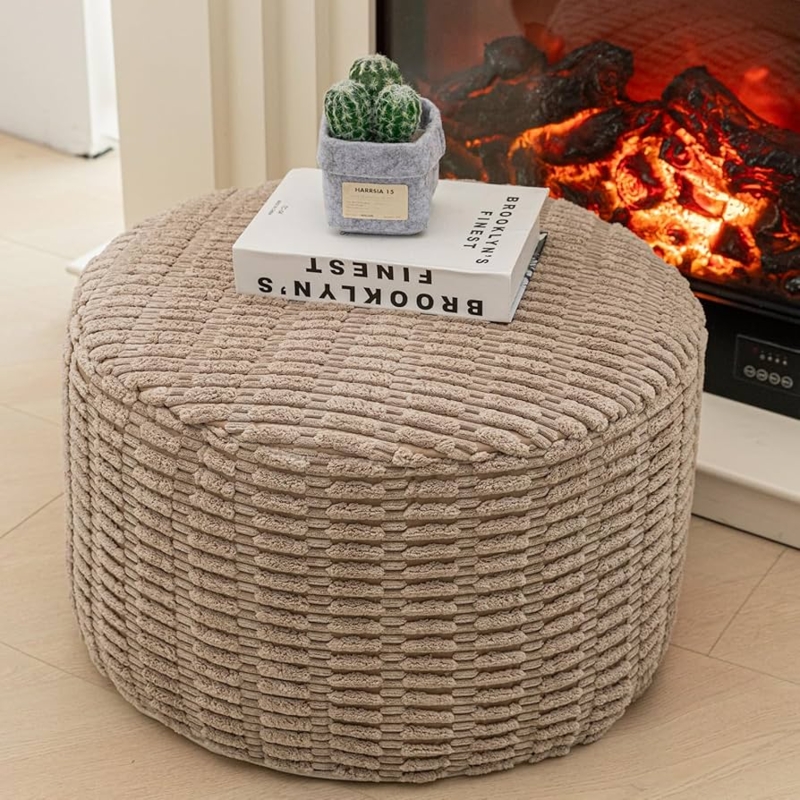 Pouf Ottoman Cream Chunky Woven Texture Round Cozy Boho Scandi