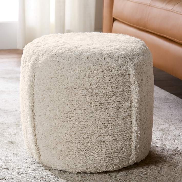 Pouf Ottoman Cream Woven Fabric Cylindrical Drum Minimalist