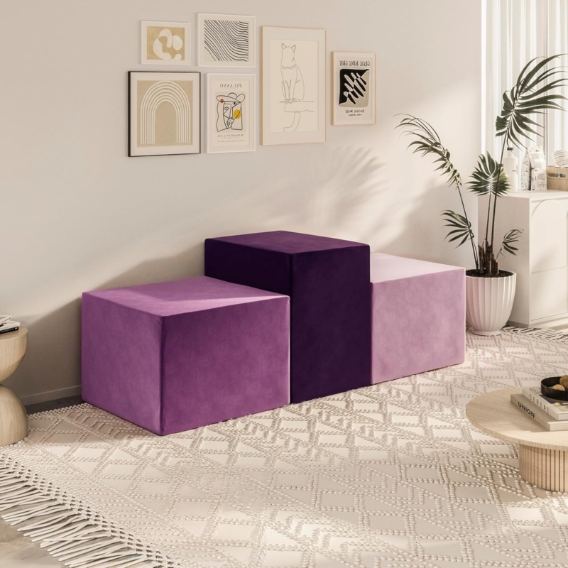 Pouf Ottoman Cube Shape Dark Purple Fabric with Contrast Stitching