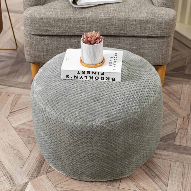 Pouf Ottoman Cube Silhouette Shaggy Texture Light Gray Faux Fur