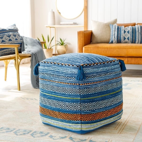 Pouf Ottoman Cubic Denim with Orange Embroidery and Tassels