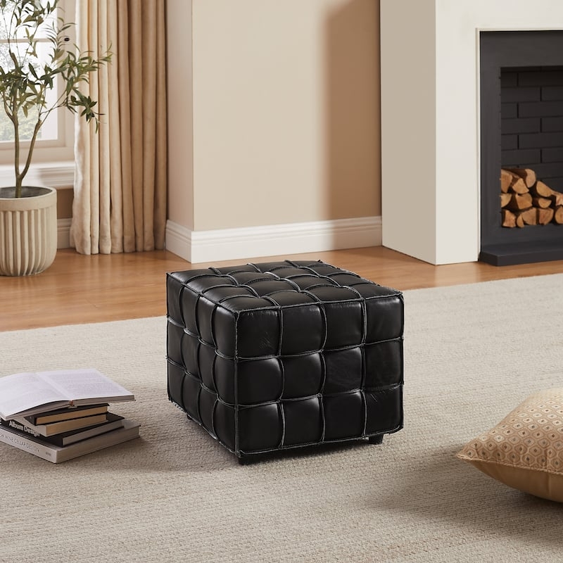 Pouf Ottoman Cubic Silhouette Cognac Leather Stitched Seams Modern