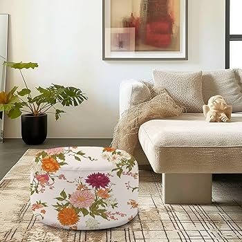 Pouf Ottoman Cylindrical Drum Shape Vibrant Floral Foot Stool