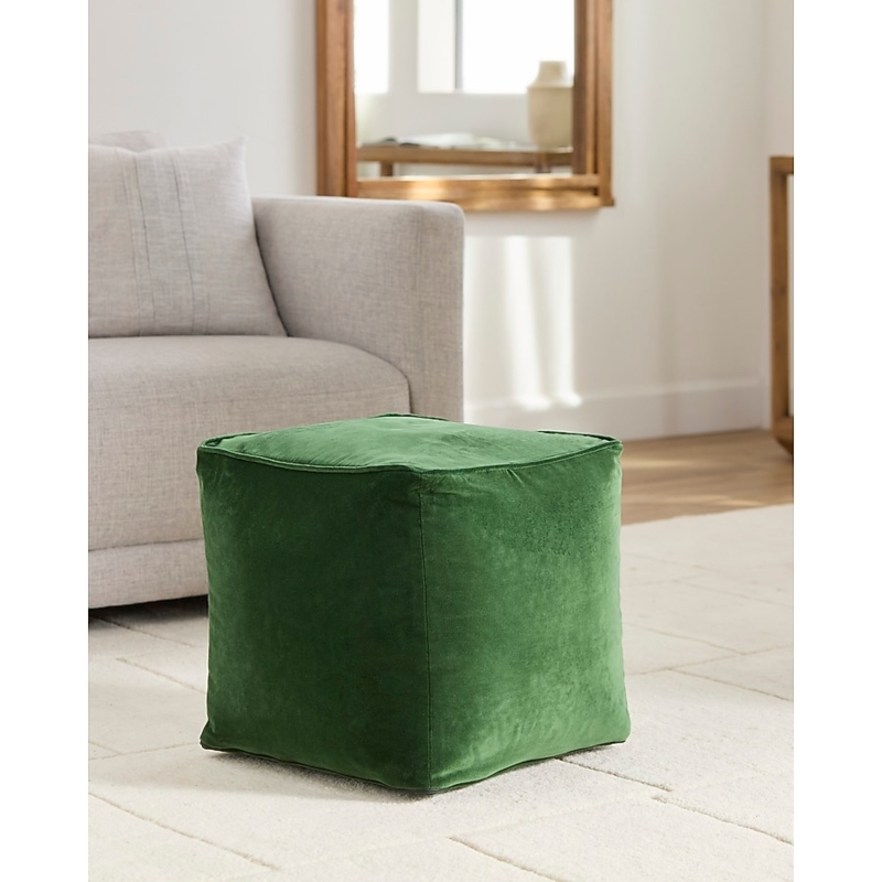 Pouf Ottoman Cylindrical Forest Green Velvet Horizontal Seam Detail