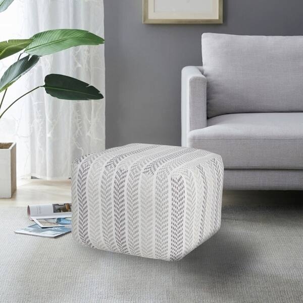 Pouf Ottoman Cylindrical Shape Grey Chevron Woven Texture Modern