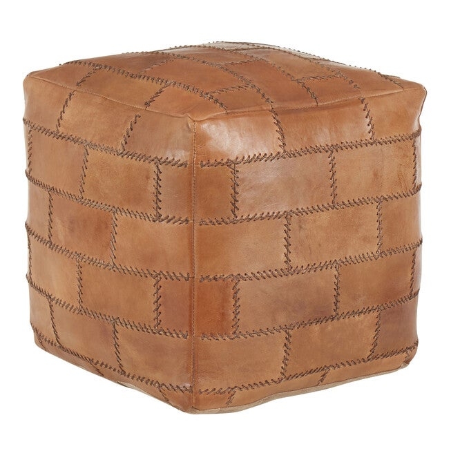 Pouf Ottoman, Distressed Finish Rustic Whipstitch Detail