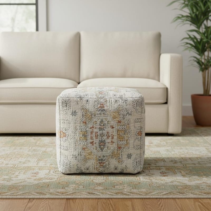 Pouf Ottoman Drum Silhouette Medallion Pattern Light Gray