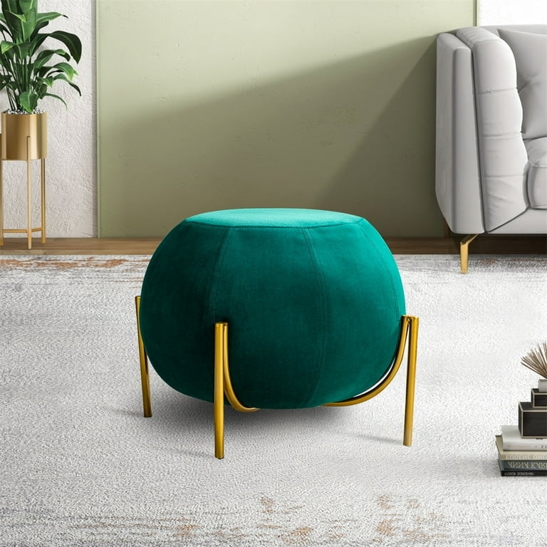 Pouf Ottoman Emerald Green Velvet Channel Tufting Gold Base Ring Glam