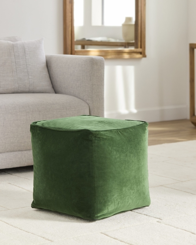 Pouf Ottoman Emerald Velvet Button Tufted Top, Pleated Glam Seating