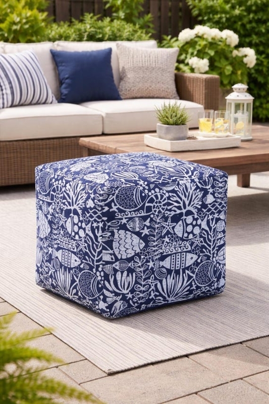 Pouf Ottoman Fish And Coral Print Navy White Piped Trim Coastal Decor