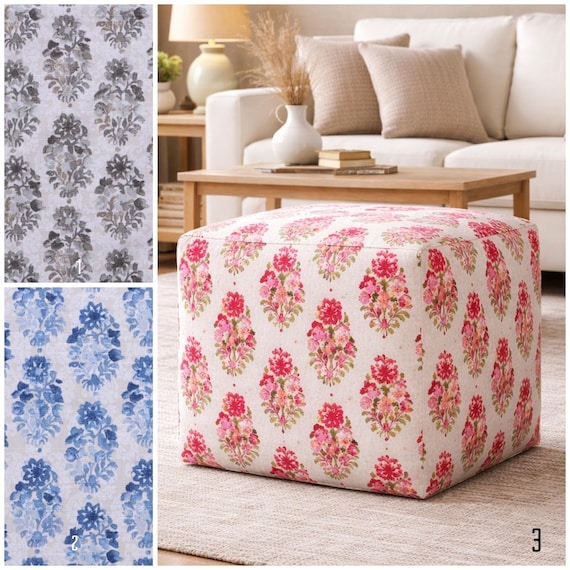 Pouf Ottoman Floral Block Print Red Pink Drum Shape Artisan Accent