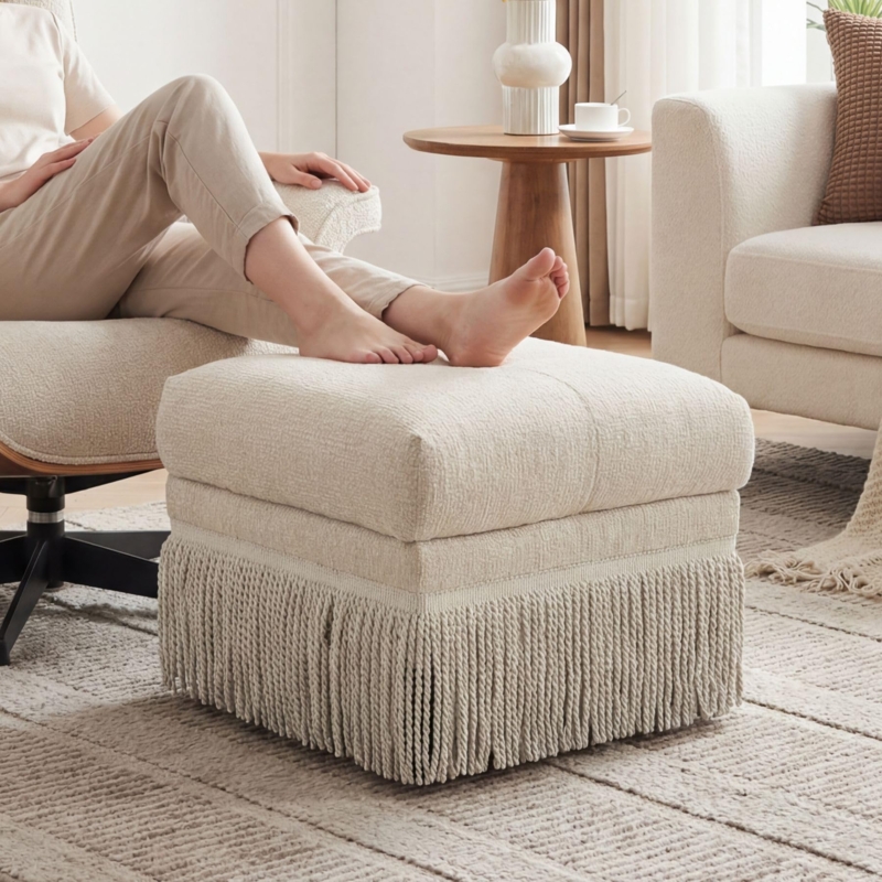 Pouf Ottoman Fringe Trim Boucle Fabric Beige Square Textured Footrest