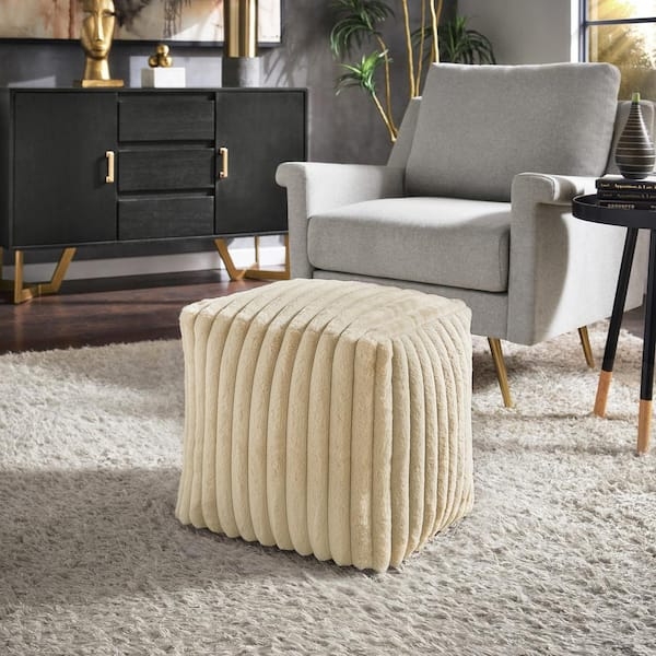 Pouf Ottoman, Furry Texture, Channel Tufted Square, Cozy Glam