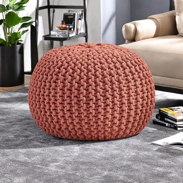 Pouf Ottoman Gray Knit Weave Round Scandinavian Cotton Floor Cushion