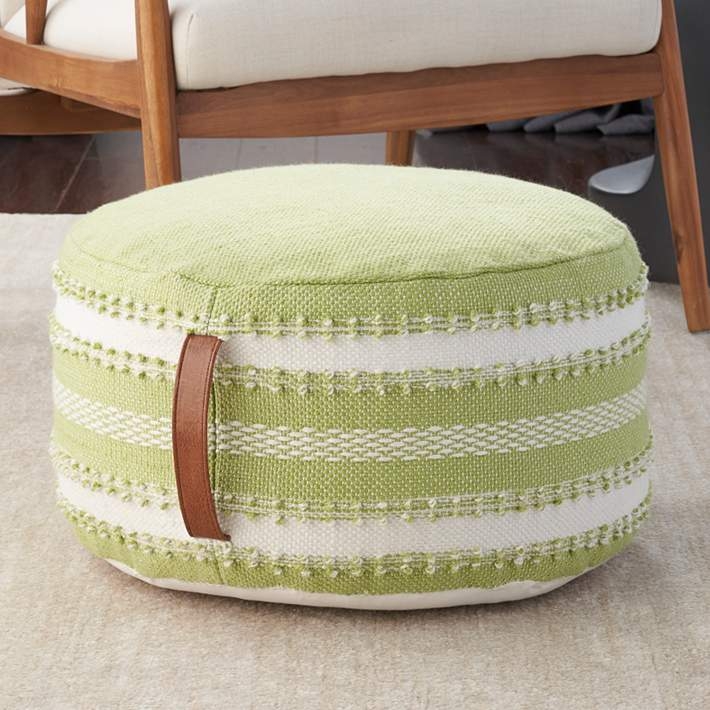 Pouf Ottoman Green Striped Outdoor, Side Handle Indoor Outdoor