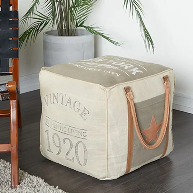 Pouf Ottoman Heavy Canvas Texture Tan Rustic Farmhouse Side Handle