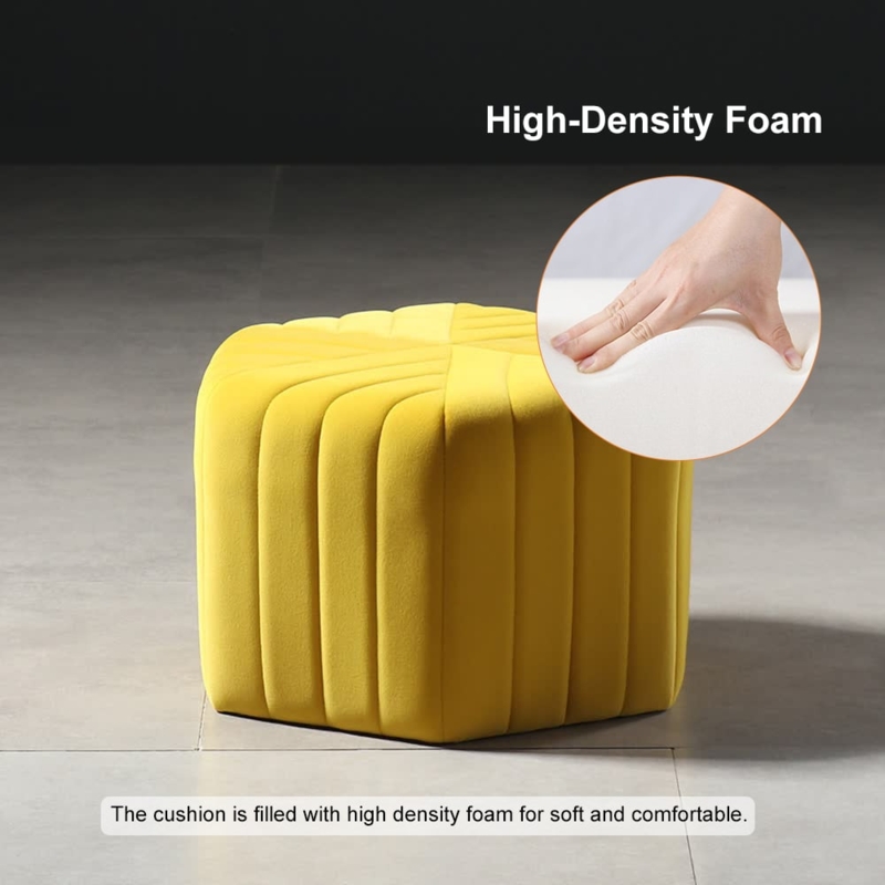 Pouf Ottoman Hexagonal Golden Yellow Velvet Vertical Seams Modern