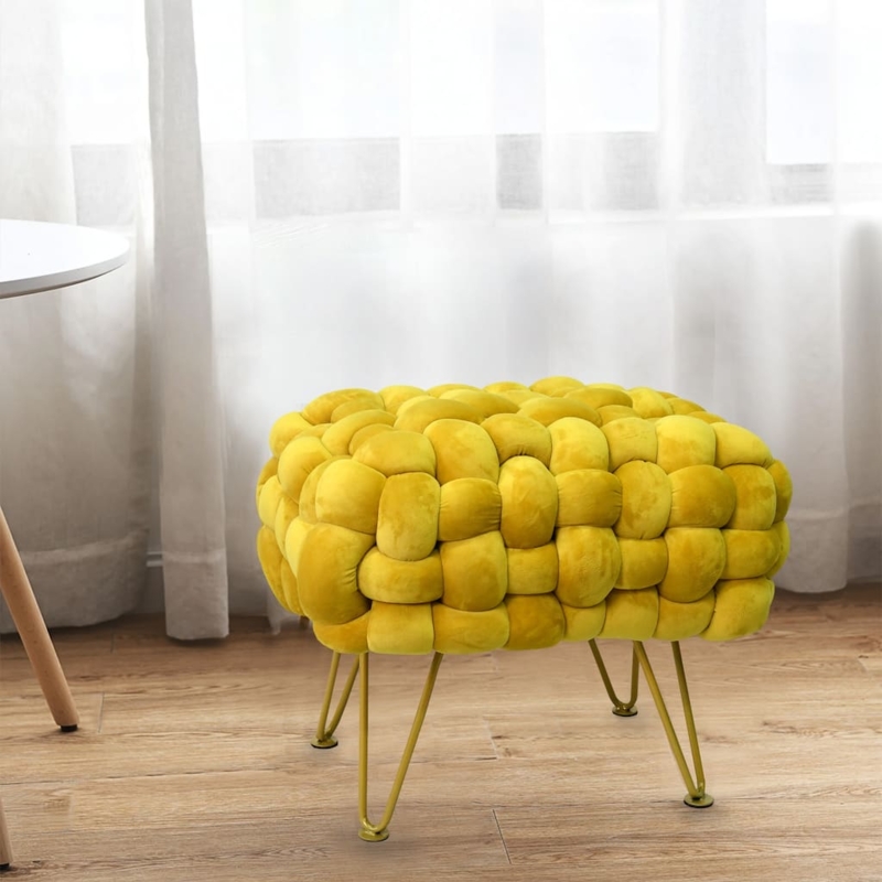 Pouf Ottoman in Blush Pink Velvet-Like Fabric with Polished Gold Base