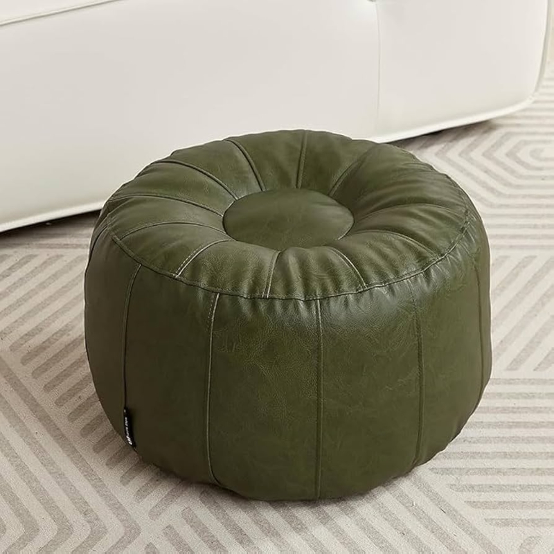 Pouf Ottoman in Forest Green with Contrast Stitching, Moroccan Style