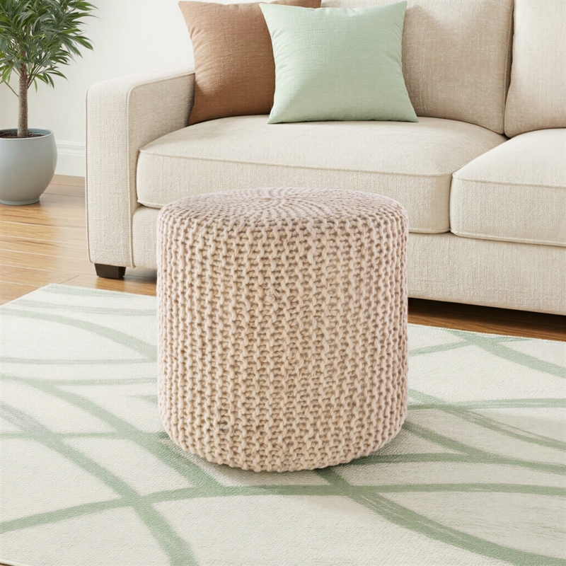 Pouf Ottoman Ivory Chunky Knit Round Boho Global Inspired Decor