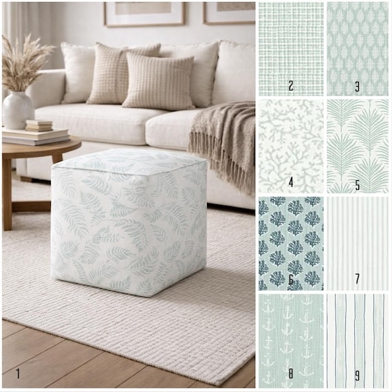 Pouf Ottoman Light Aqua Vertical Stripes Coastal Beach House