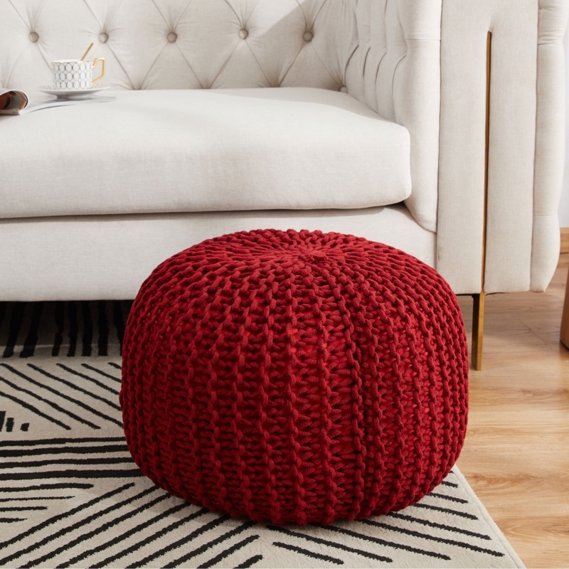 Pouf Ottoman Light Gray Braided Knit Round Boho Style