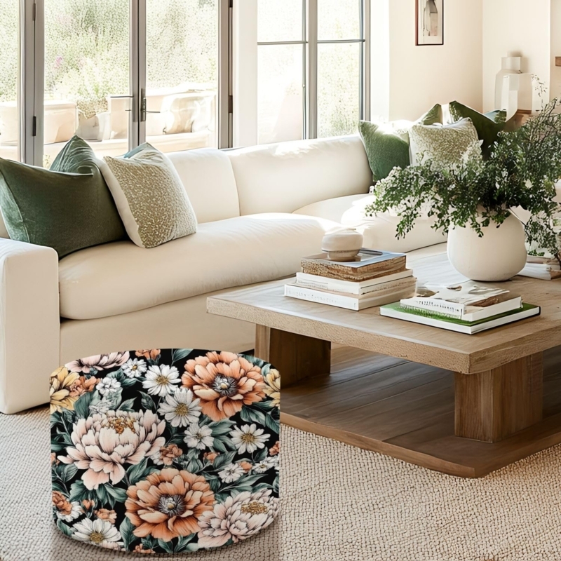 Pouf Ottoman Maximalist Floral Print Dark Navy Bold Botanical Cushion