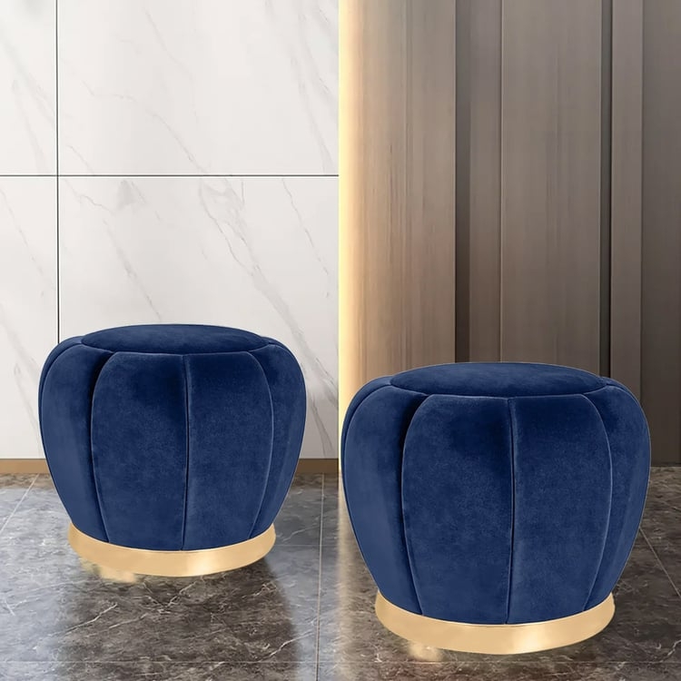 Pouf Ottoman Mini Round Navy Velvet Pleated Sides Gold Base Ring