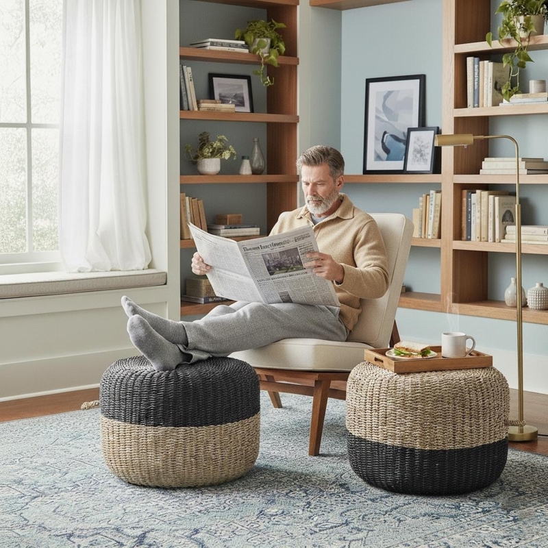 Pouf Ottoman Natural Jute Braided Texture Cylindrical Footstool