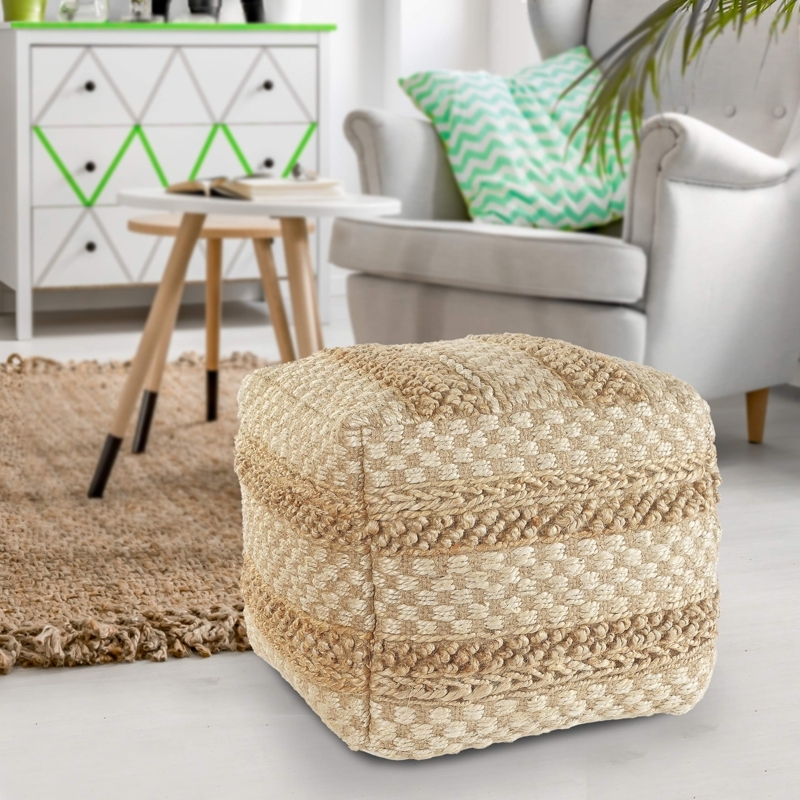 Pouf Ottoman Natural Jute Stripes Chunky Braid Cube Hand Woven Boho