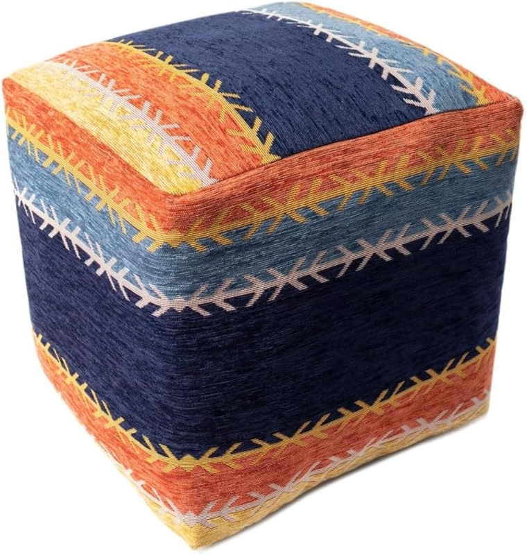 Pouf Ottoman Navy and Orange Striped Chunky Woven Bohemian