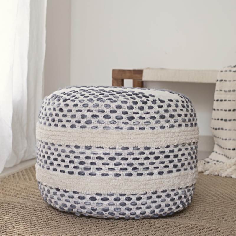 Pouf Ottoman Navy Off-White Ombre Striped Hand Woven Square Farmhouse