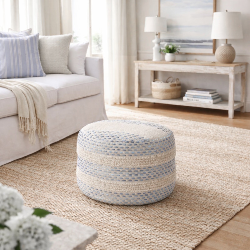 Pouf Ottoman Navy Striped Square Coastal Style Woven Floor Seat