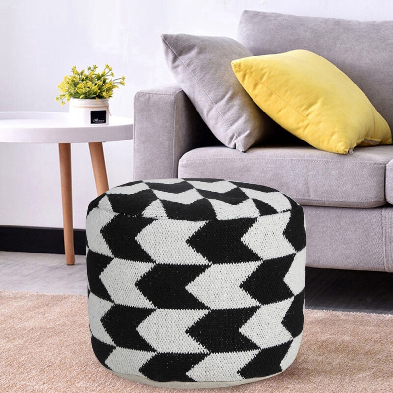 Pouf Ottoman Off-White Flanged Edges Coarse Weave Square Coastal
