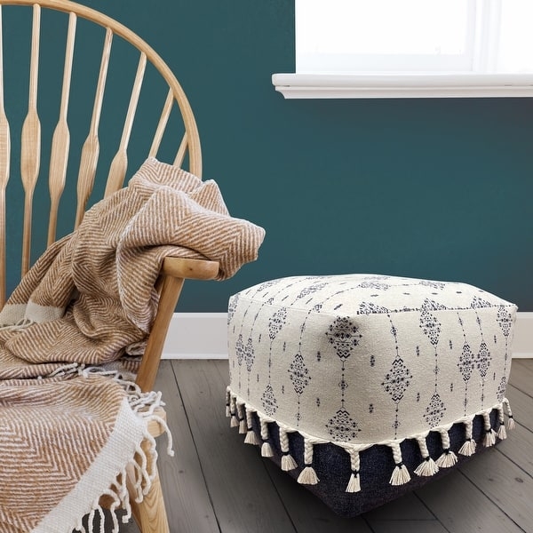 Pouf Ottoman, Ornamental Motif Navy and Ivory Woven Fabric Cube
