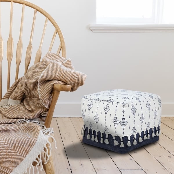 Pouf Ottoman, Ornamental Motif Navy Ivory Palette, Round Silhouette