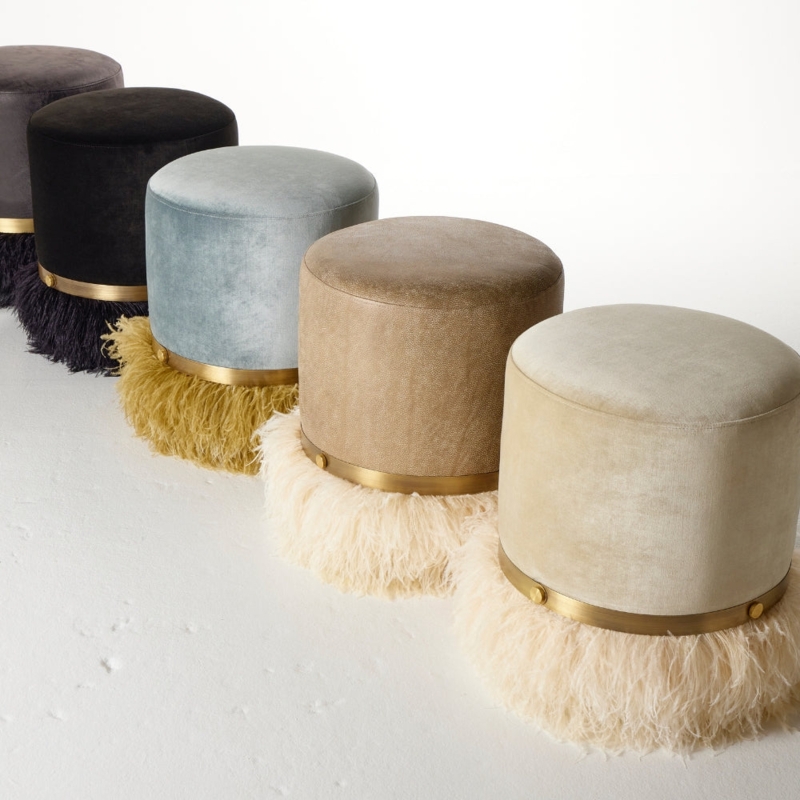 Pouf Ottoman Ostrich Feather Sides Leather Like Top Glam Accent