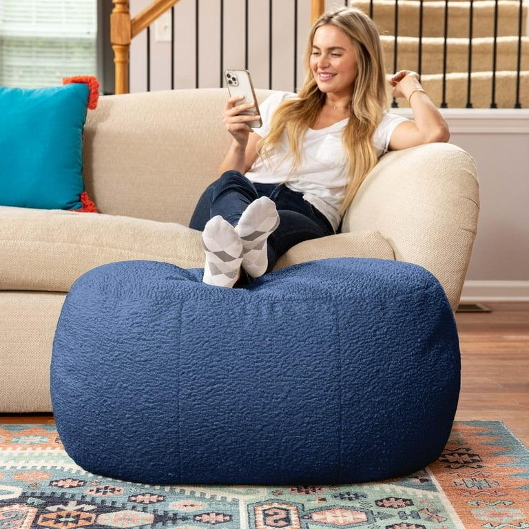 Pouf Ottoman Oval Form Indigo Faux Shearling Plush Accent