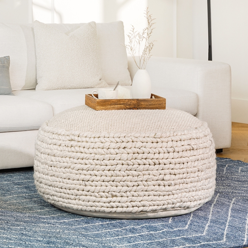Pouf Ottoman Oversized Round Handwoven Wool Blend Ivory