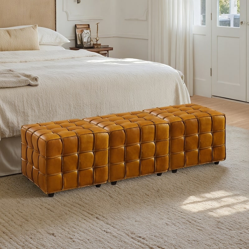 Pouf Ottoman Pebbled Texture Cognac Leather Minimalist Corner Seating