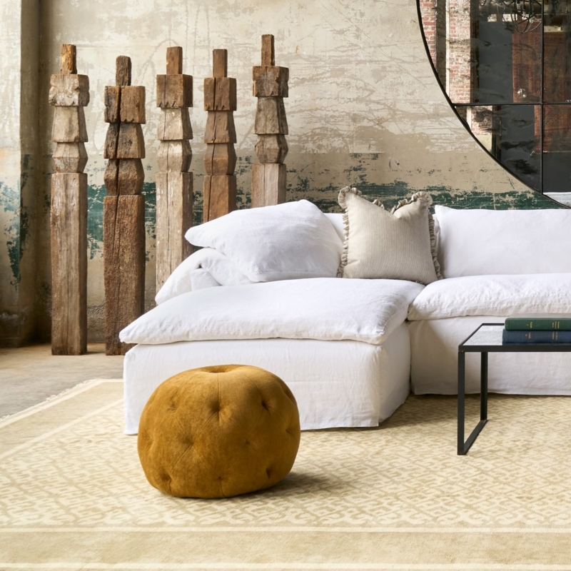 Pouf Ottoman Piping Detail Golden Yellow Velvet