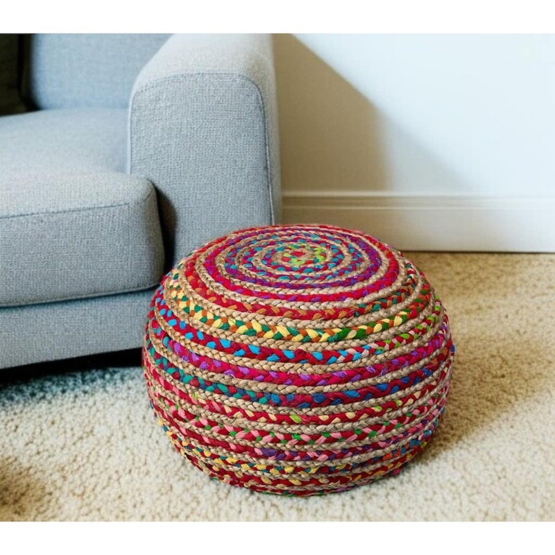 Pouf Ottoman Rainbow Stripes Braided Fabric Round Bohemian Vibrant