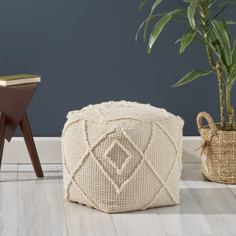 Pouf Ottoman Raised Tufting Black Geometric Motifs Ivory Square Tribal