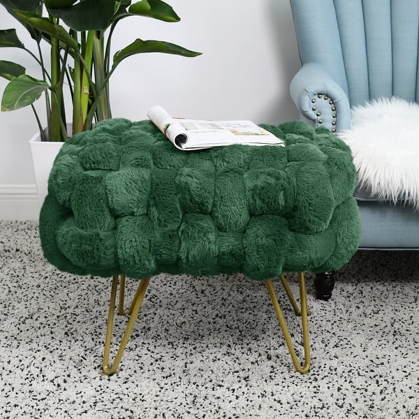 Pouf Ottoman Rectangular Shaggy Faux Fur Off-White Bohemian