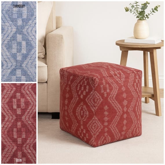 Pouf Ottoman Red and White Geometric Pattern Cylindrical