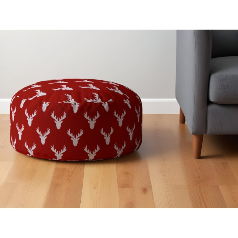 Pouf Ottoman Red and White Stag Print Cylindrical Lodge